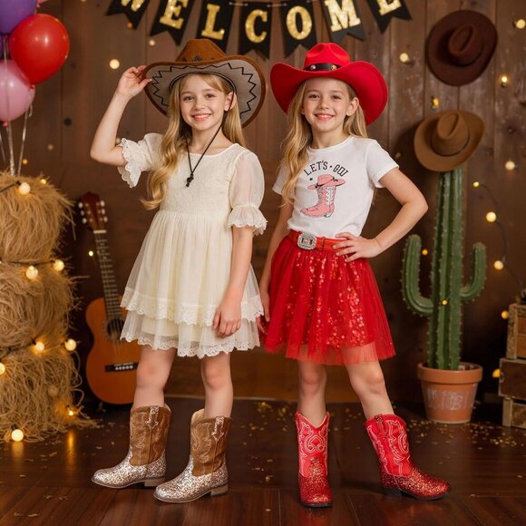 Unisex Child Sequins Brown Mid Calf Glitter Toddler Cowboy Boot Little Big Kids - Picture 7 of 8